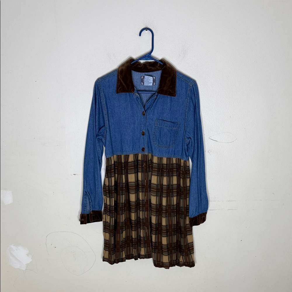 True Blue Blue and Brown Plaid Denim Long Sleeve Vintage Dress Size Small